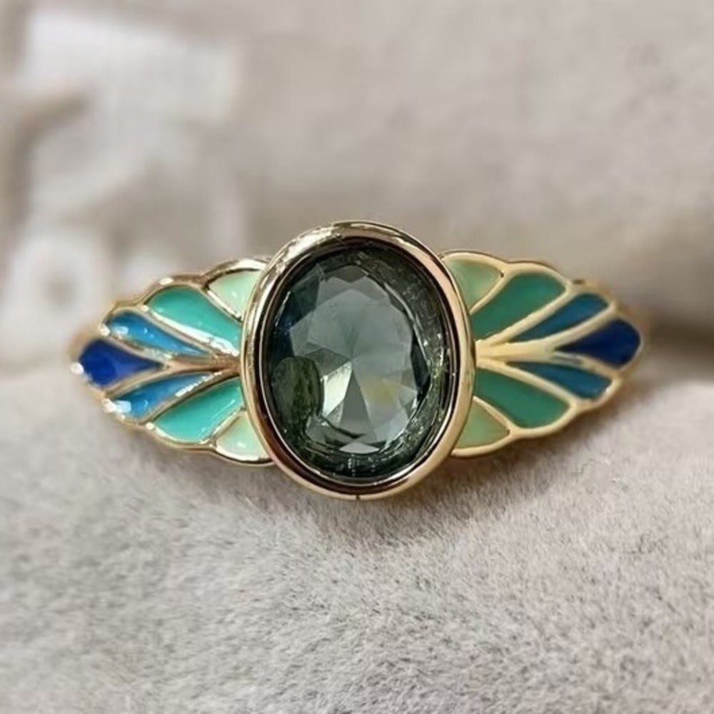Art Deco Style Oval Zircon Stone Enamel Ring Gold Tone Green Blue Size 7